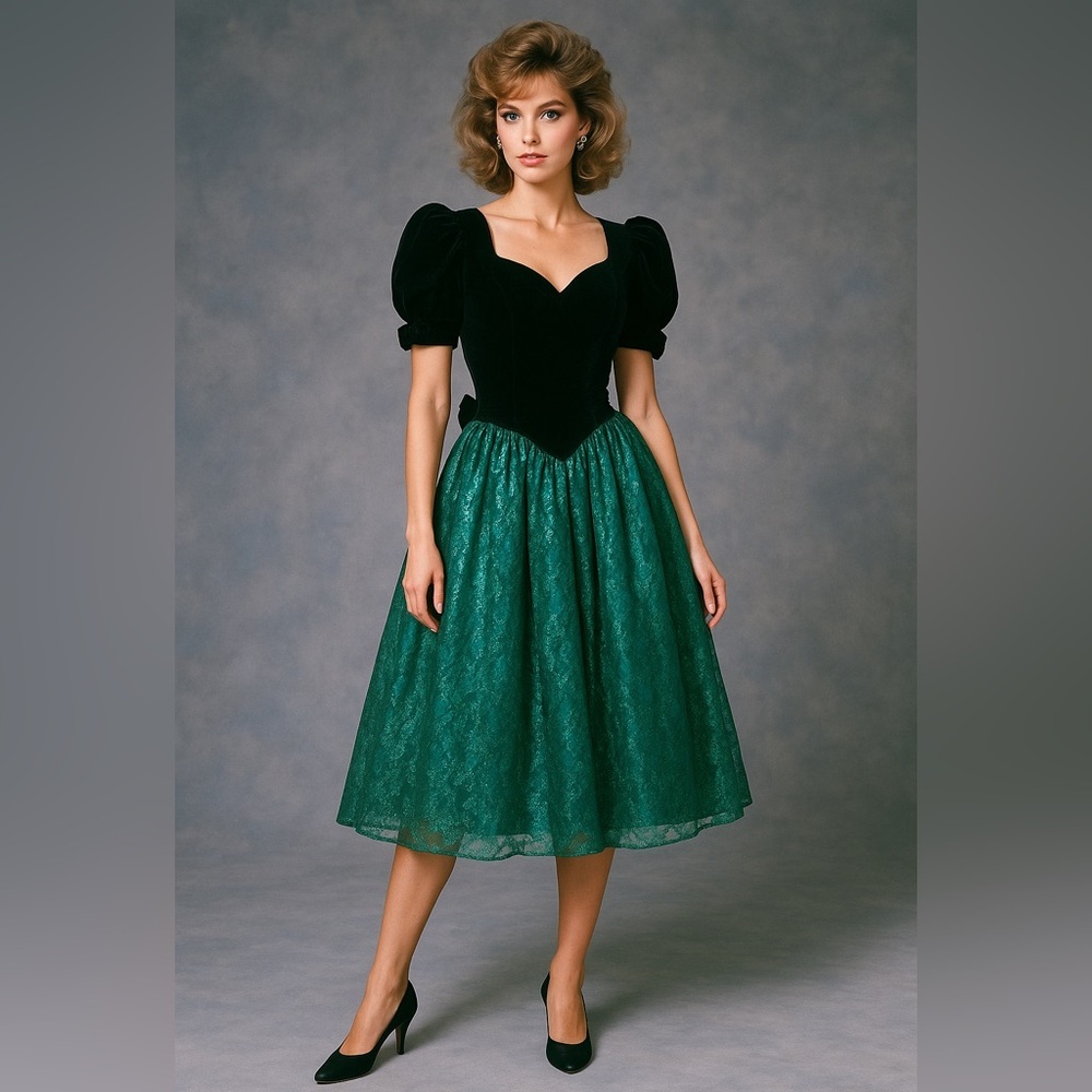 Vintage 80s Gunne Sax Black Velvet Green Lace Full Skirt Prom Gown Party Dress